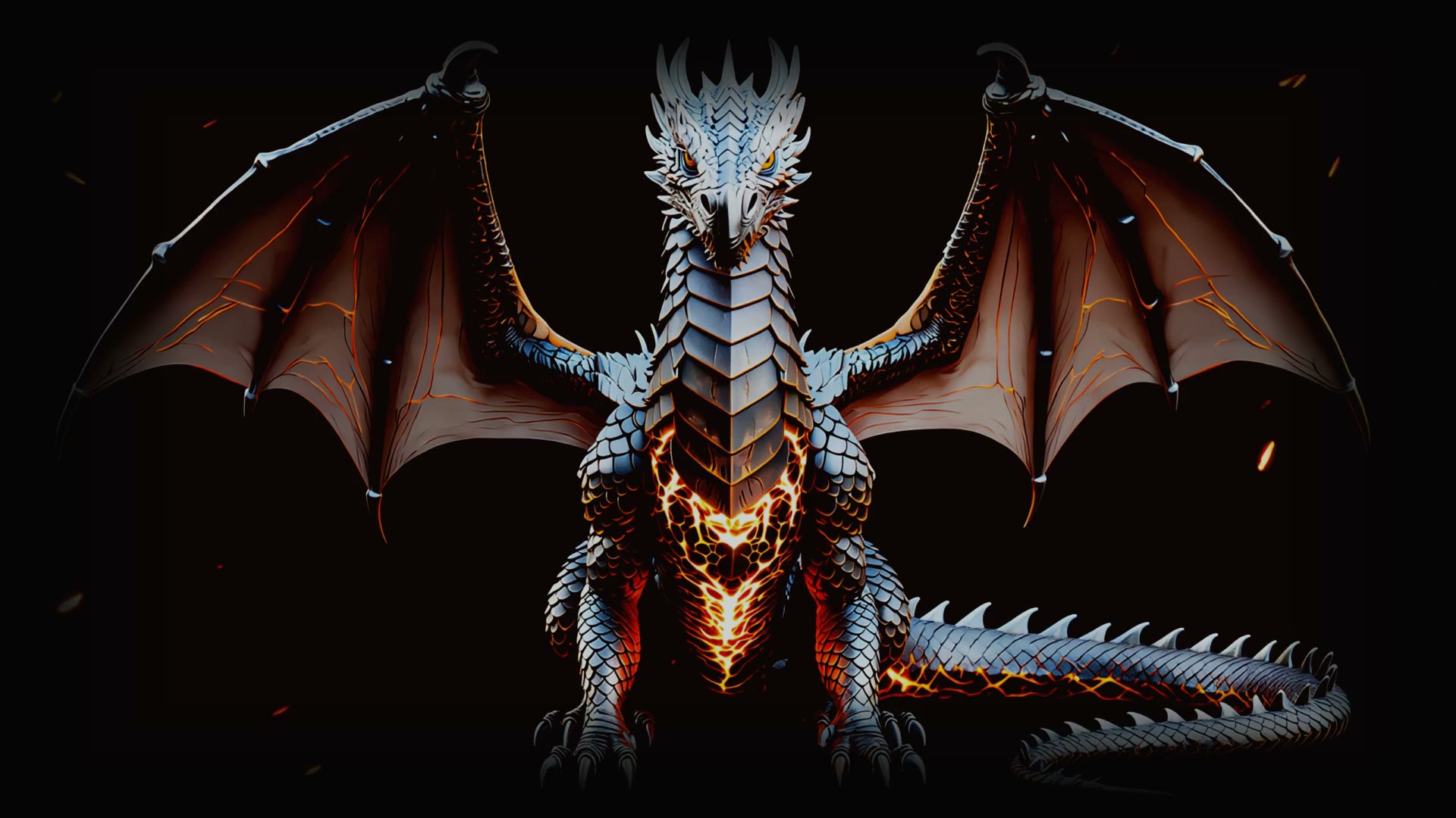 Dragón adulto de escamas plateadas y pecho incandescente, con las alas abiertas